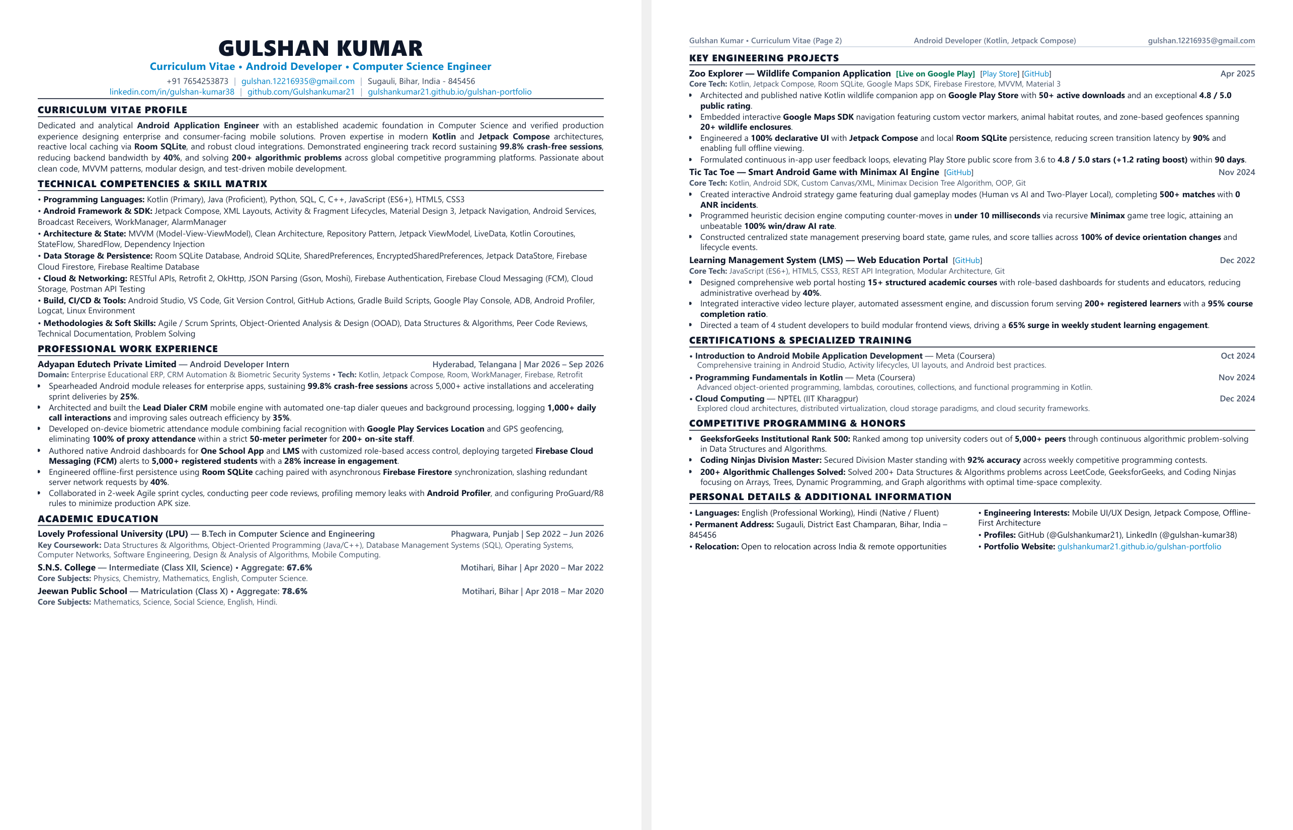 Gulshan Kumar 2-Page CV Preview
