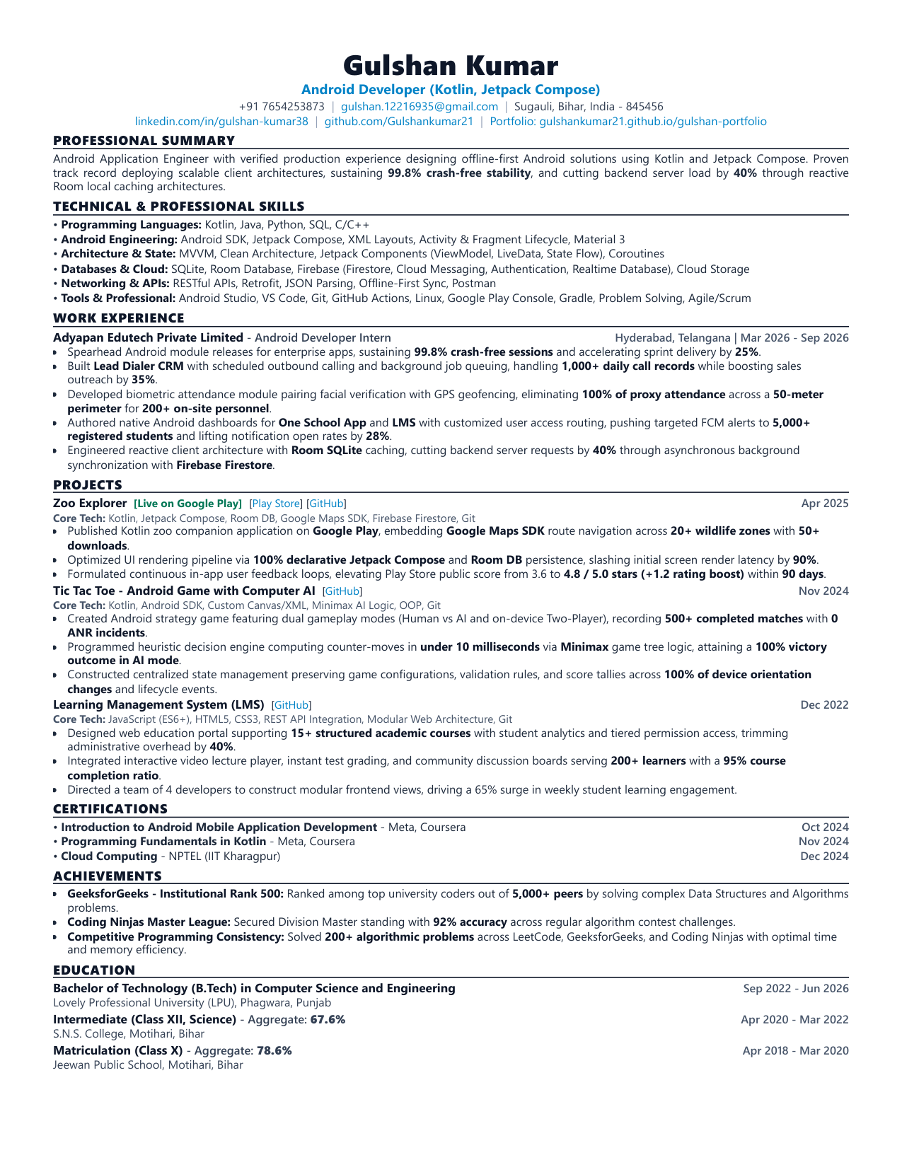 Gulshan Kumar 1-Page Resume Preview